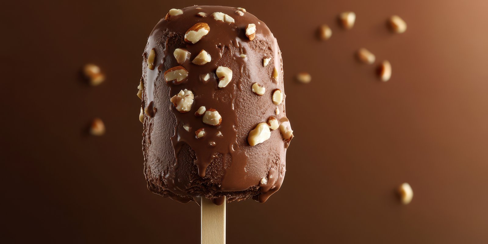 Delicious chocolate-covered ice cream bar with crunchy toppings on a wooden stick against a rich brown background